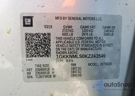 2019 GMC Acadia Slt-1 z USA, uszkodzony, nr VIN 1GKKNMLS0KZ243549